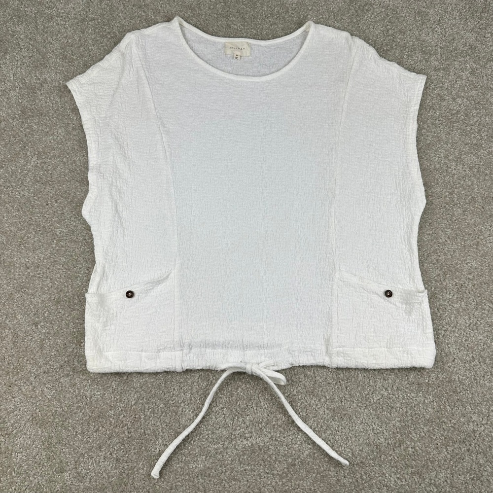 Melloday White 100% Cotton Gauze Cap Sleeve Drawstring Hem Top Medium Boho
